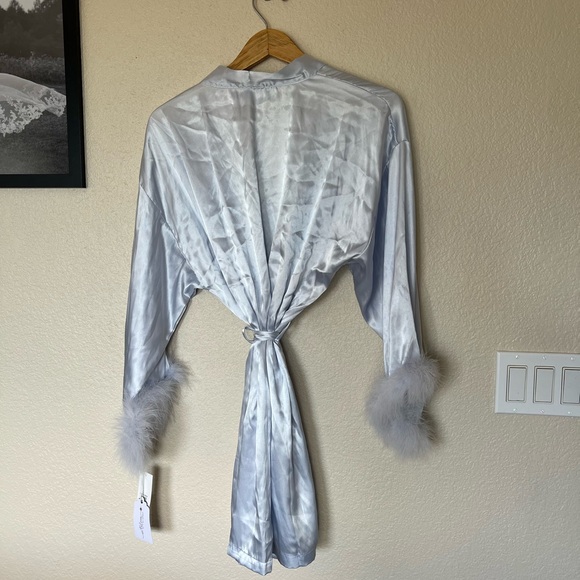 In Bloom by Jonquil | Light Blue Feather Trim Satin Robe - Picture 9 of 10